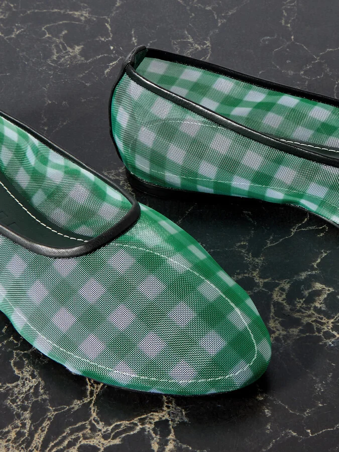 STAUD - Alba Leather-trimmed Gingham Mesh Ballet Flats - Green - Image 4