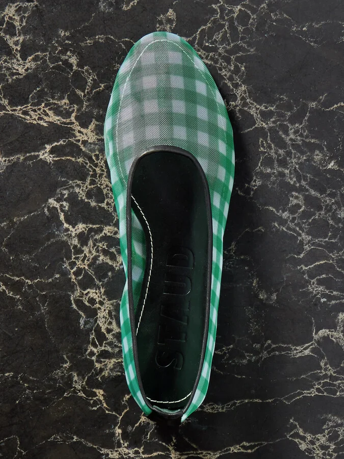 STAUD - Alba Leather-trimmed Gingham Mesh Ballet Flats - Green - Image 5