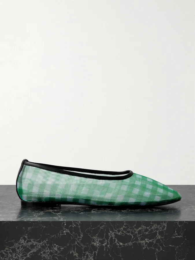 STAUD - Alba Leather-trimmed Gingham Mesh Ballet Flats - Green
