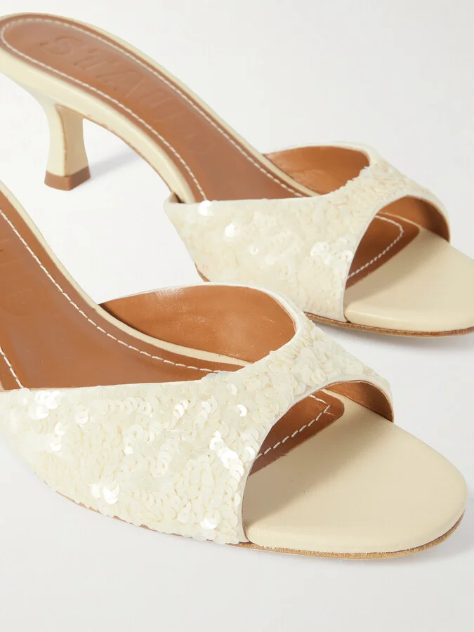 STAUD - Brigitte Sequined Leather Mules - Cream - Image 4