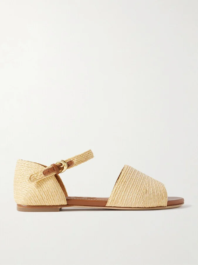 STAUD - Catherine Leather-trimmed Raffia Sandals - Neutrals