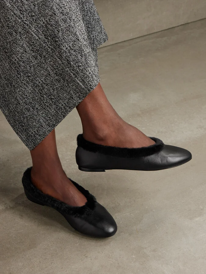 STAUD - Faux Fur-trimmed Leather Ballet Flats - Black - Image 2