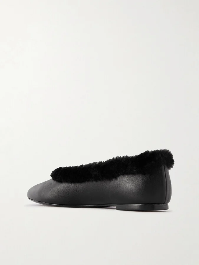 STAUD - Faux Fur-trimmed Leather Ballet Flats - Black - Image 3