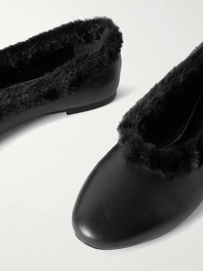 STAUD - Faux Fur-trimmed Leather Ballet Flats - Black - Image 4
