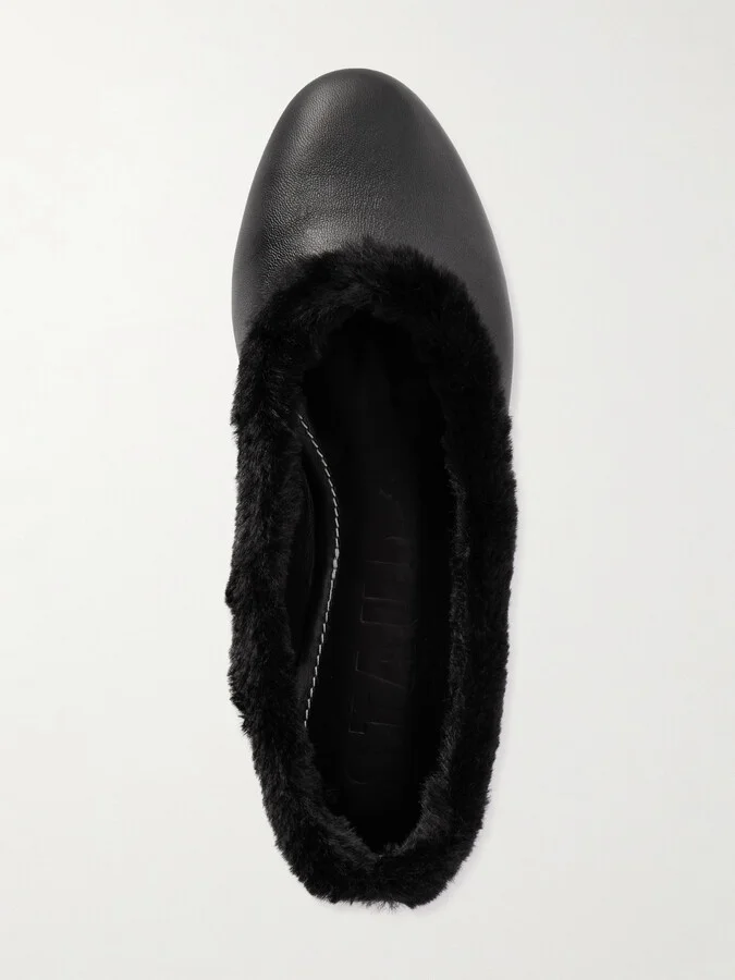 STAUD - Faux Fur-trimmed Leather Ballet Flats - Black - Image 5