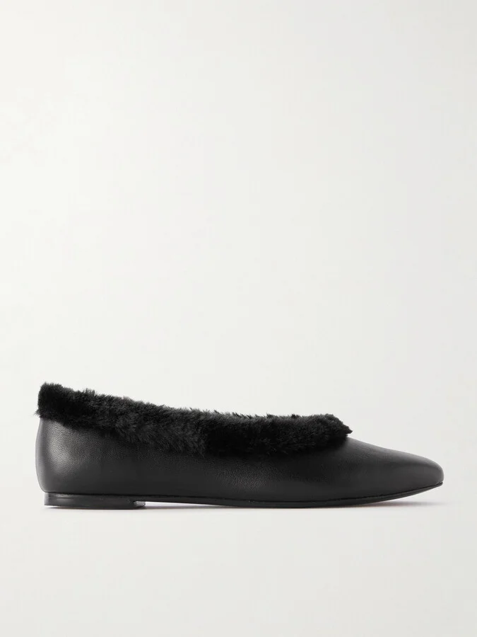 STAUD - Faux Fur-trimmed Leather Ballet Flats - Black