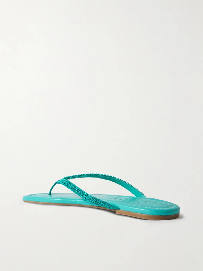 STAUD - Freja Beaded Satin-trimmed Leather Flip Flops - Blue - Image 3