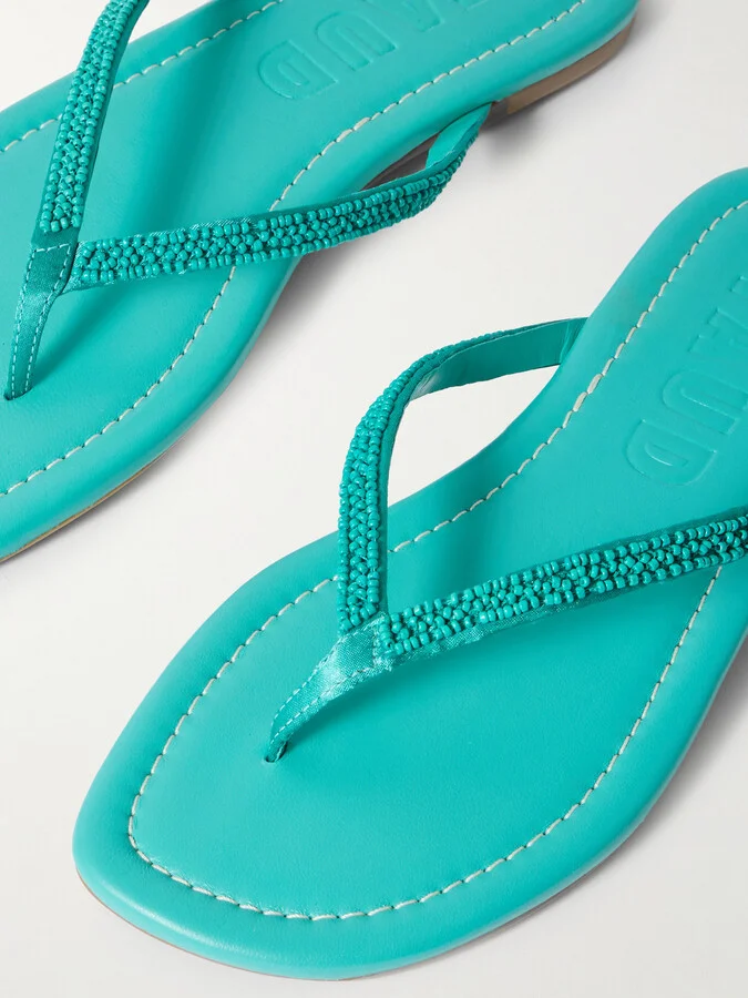 STAUD - Freja Beaded Satin-trimmed Leather Flip Flops - Blue - Image 4