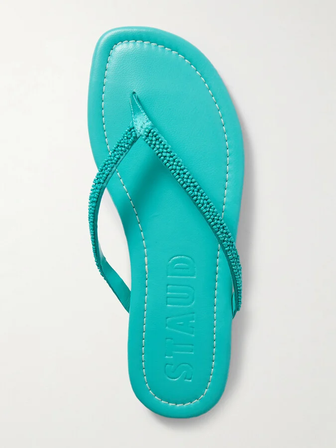 STAUD - Freja Beaded Satin-trimmed Leather Flip Flops - Blue - Image 5