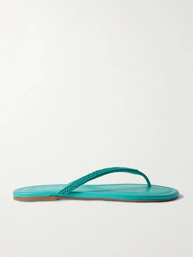 STAUD - Freja Beaded Satin-trimmed Leather Flip Flops - Blue