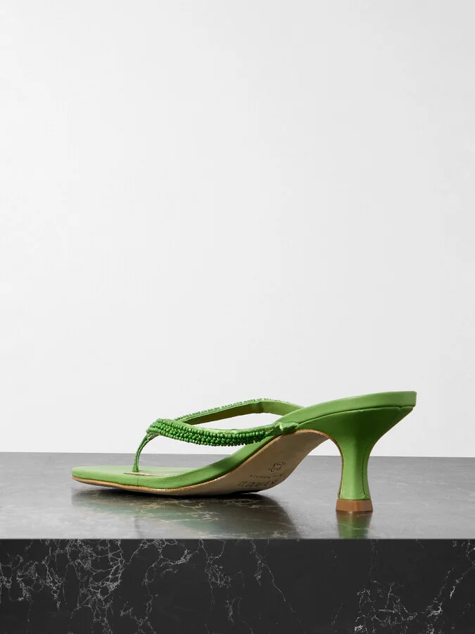 STAUD - Freja Beaded Satin-trimmed Leather Sandals - Green - Image 3
