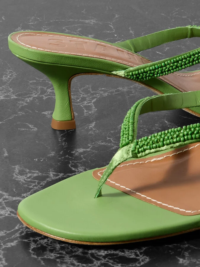 STAUD - Freja Beaded Satin-trimmed Leather Sandals - Green - Image 4