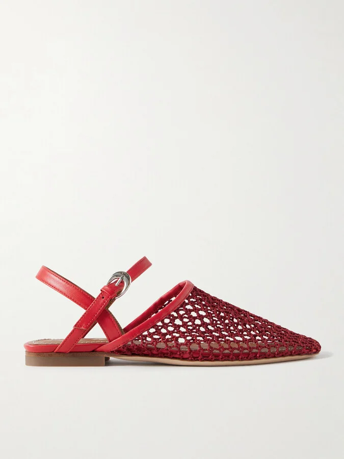 STAUD - Rete Leather-trimmed Crocheted Slingback Flats - Red