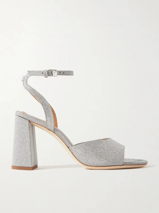 STAUD - Solange Glittered Leather Sandals - Silver