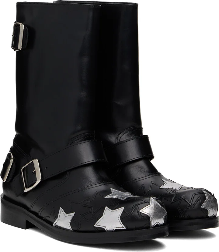 Stefan Cooke Black & Silver Star Biker Boots - Image 4