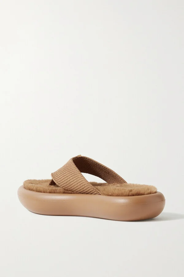 Stella McCartney - Air Slide Faux Fur-lined Recycled Canvas Flip Flops - Brown - Image 3