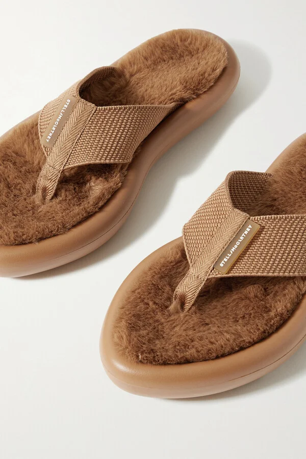 Stella McCartney - Air Slide Faux Fur-lined Recycled Canvas Flip Flops - Brown - Image 4