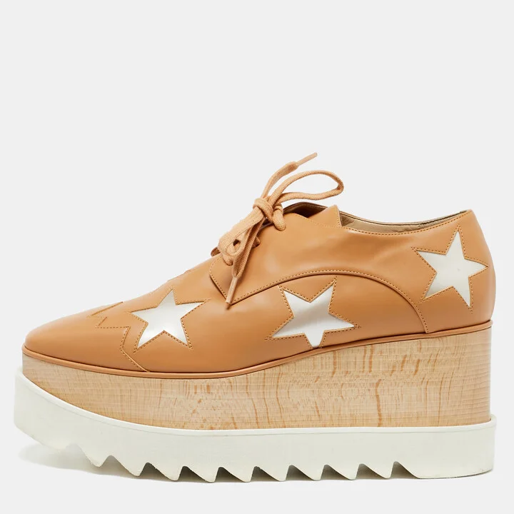 Stella McCartney Beige Faux Leather Elyse Star Platform Lace Up Derby Size 37.5