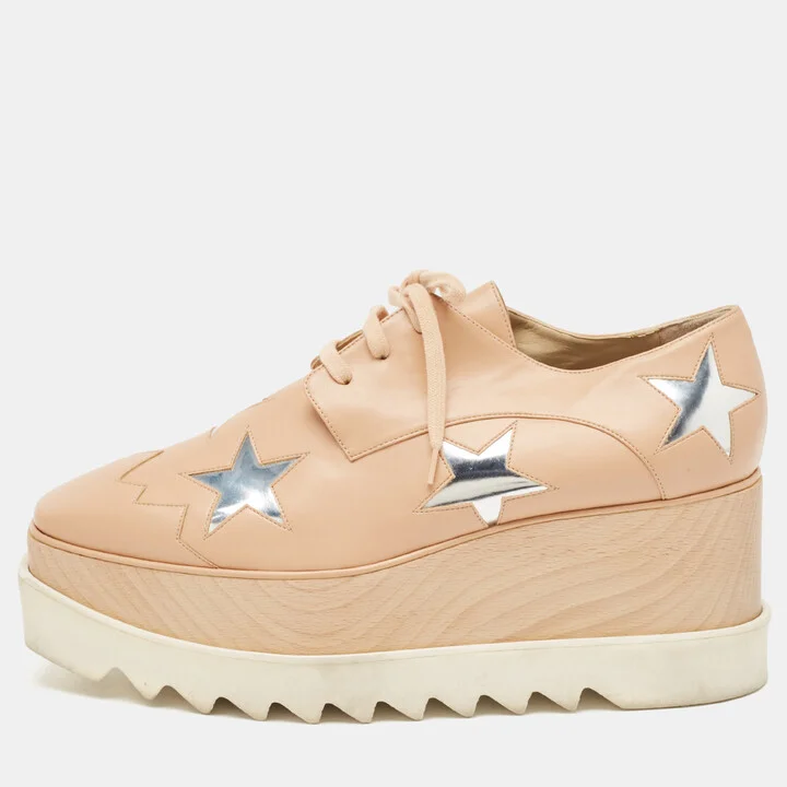 Stella McCartney Beige Faux Leather Elyse Star Wedge Sneakers Size 41