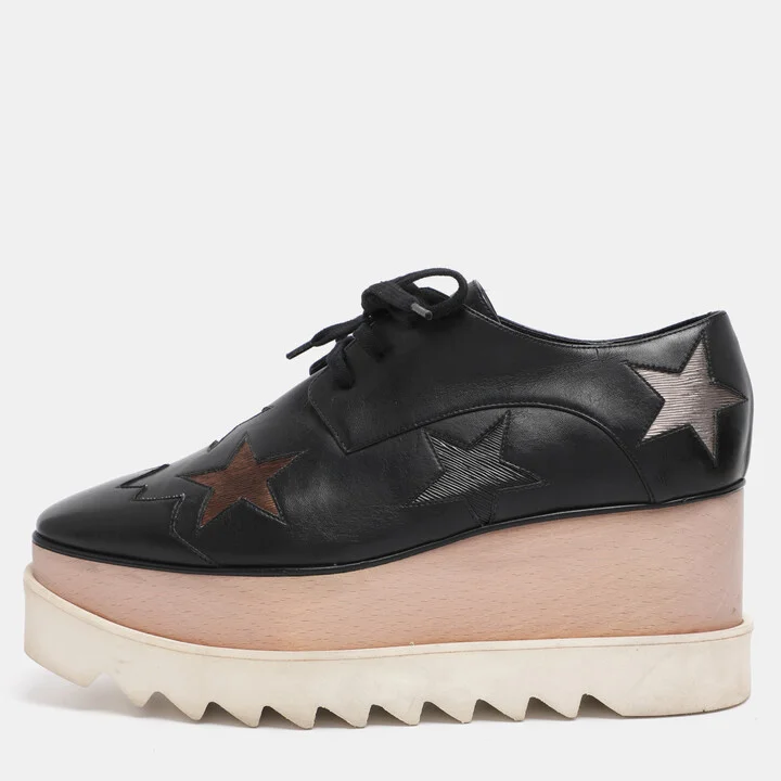 Stella McCartney Black Faux Leather Elyse Star Platform Derby Sneakers Size 38.5