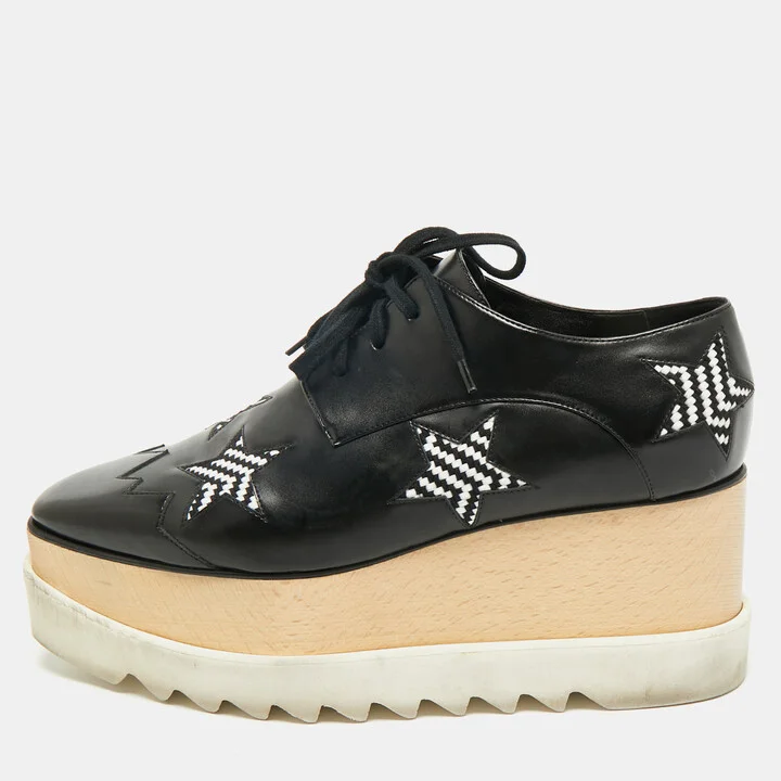 Stella McCartney Black Faux Leather Elyse Star Platform Derby Sneakers Size 40.5