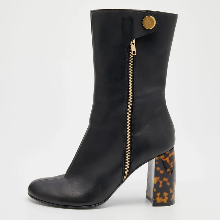 Stella McCartney Black Faux Leather Tortoise Block Heel "Percy" Ankle Boots Size 37