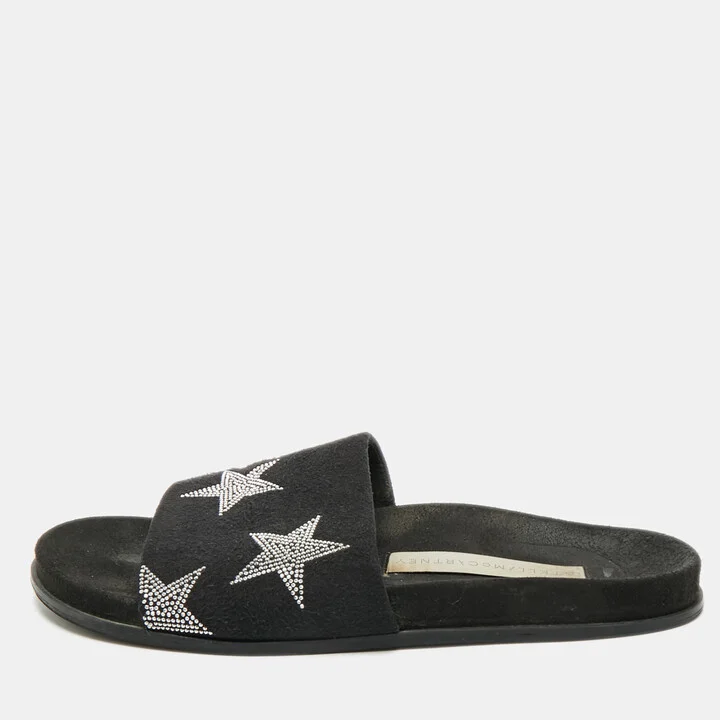 Stella McCartney Black Faux Suede Star Embellished Flat Slides Size 37