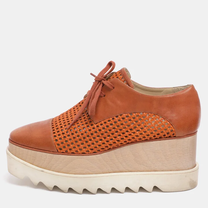 Stella McCartney Brown Faux Cut Out Leather Elyse Platform Derby Sneakers Size 39