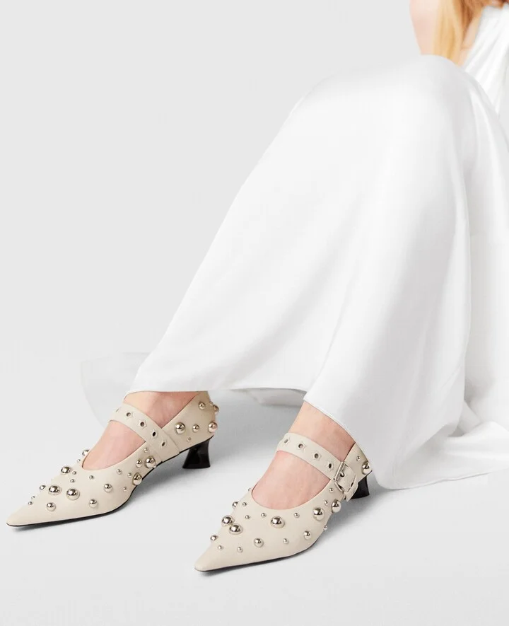 Stella McCartney - Elsa Studded Kitten Heels, Woman, Greggio white, Size: 35 - Image 2