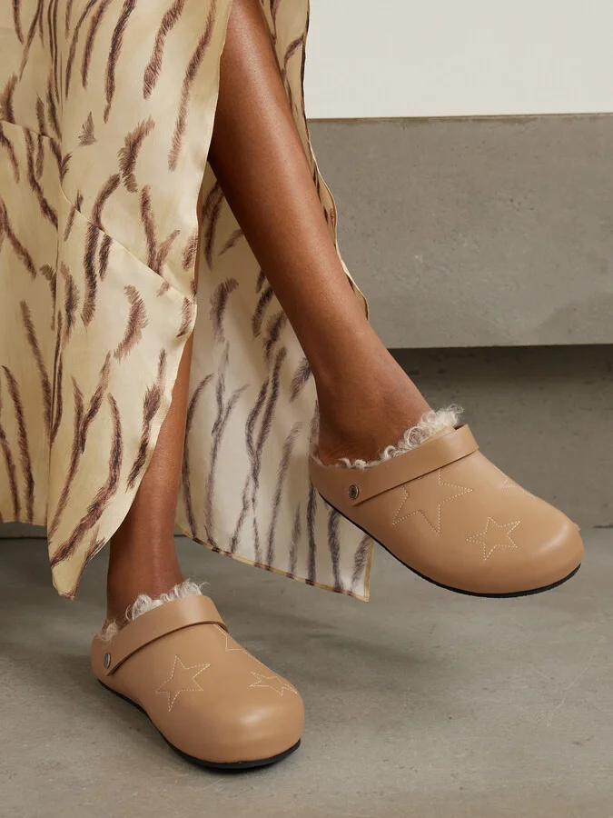 Stella McCartney - Elyse Embroidered Faux Shearling-lined Vegetarian Leather Mules - Brown - Image 2