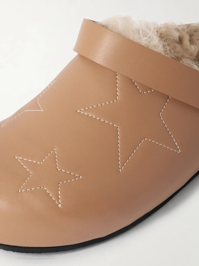 Stella McCartney - Elyse Embroidered Faux Shearling-lined Vegetarian Leather Mules - Brown - Image 4