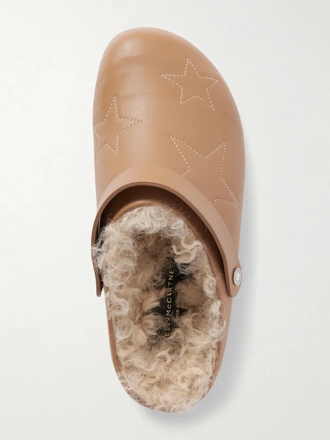Stella McCartney - Elyse Embroidered Faux Shearling-lined Vegetarian Leather Mules - Brown - Image 5