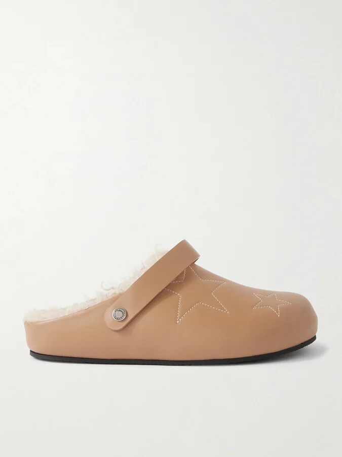 Stella McCartney - Elyse Embroidered Faux Shearling-lined Vegetarian Leather Mules - Brown