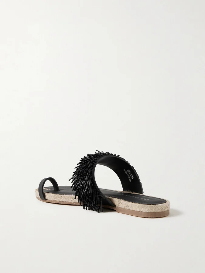 Stella McCartney - Gaia Bead-embellished Faux-leather Trimmed Raffia Sandals - Black - Image 3