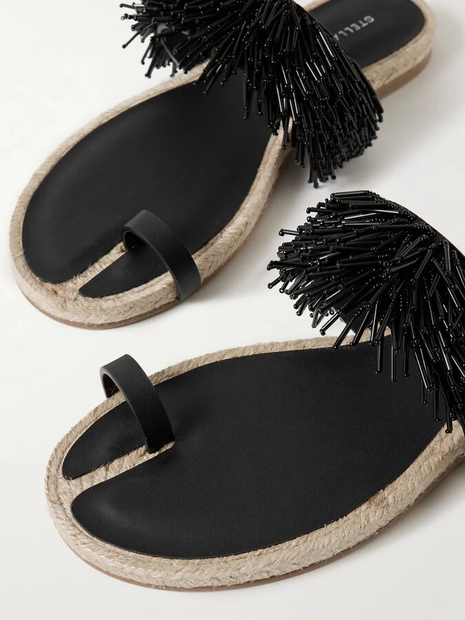 Stella McCartney - Gaia Bead-embellished Faux-leather Trimmed Raffia Sandals - Black - Image 4