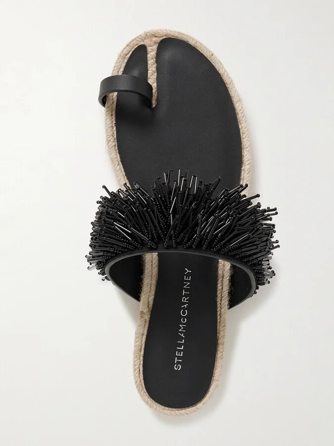 Stella McCartney - Gaia Bead-embellished Faux-leather Trimmed Raffia Sandals - Black - Image 5