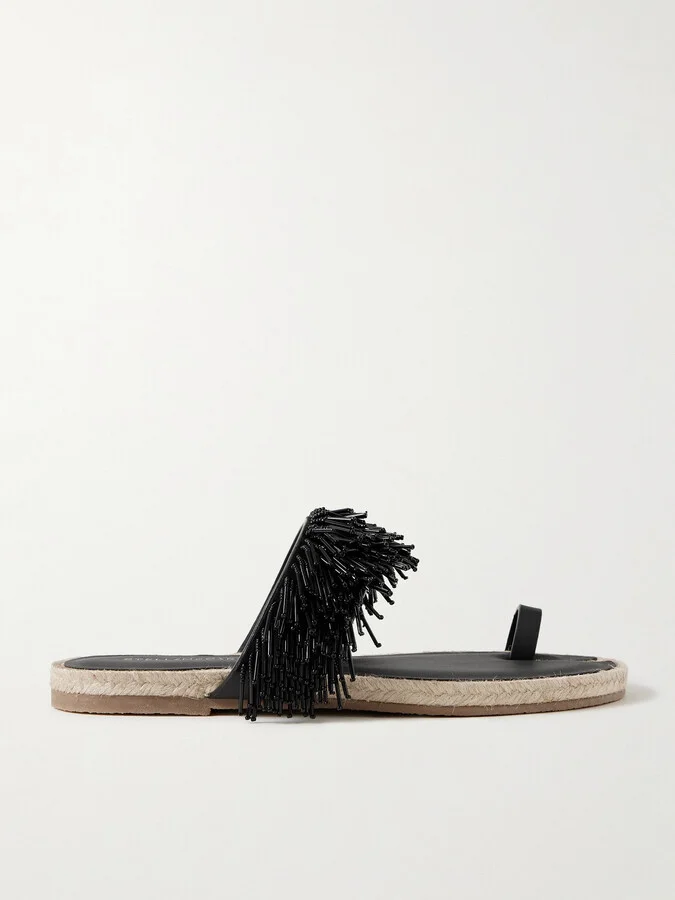 Stella McCartney - Gaia Bead-embellished Faux-leather Trimmed Raffia Sandals - Black