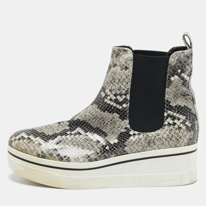Stella McCartney Grey/Black Faux Snakeskin Leather Platform Ankle Boots Size 39