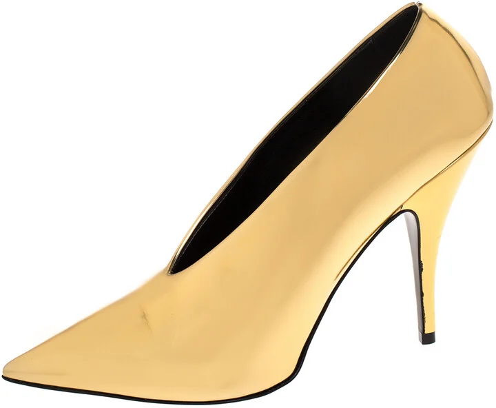 Stella McCartney Metallic Gold Faux Patent Leather V Neck Pointed Toe Pumps Size 38