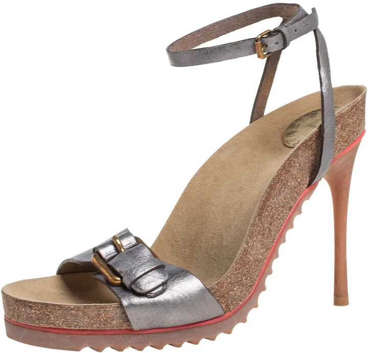 Stella McCartney Metallic Grey Faux Leather Ankle Strap Sandals Size 38