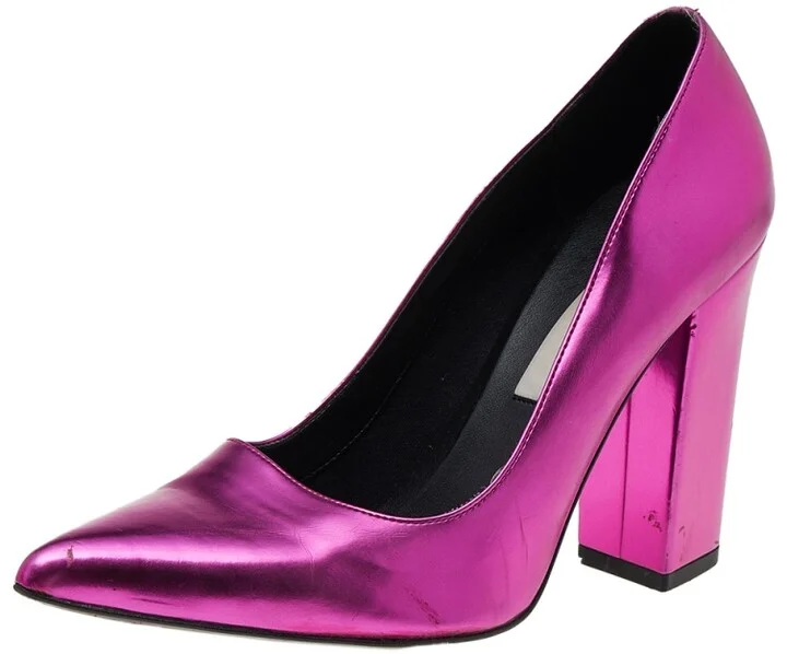Stella McCartney Metallic Pink Faux Leather Block Heel Pointed-Toe Pumps Size 36