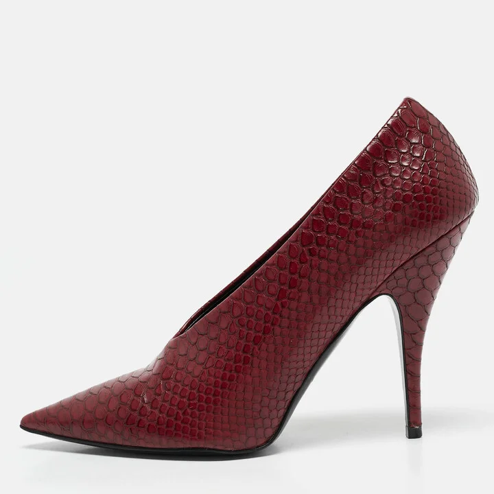 Stella McCartney Red Python Embossed Leather V Neck Pointed Toe Pumps Size 37