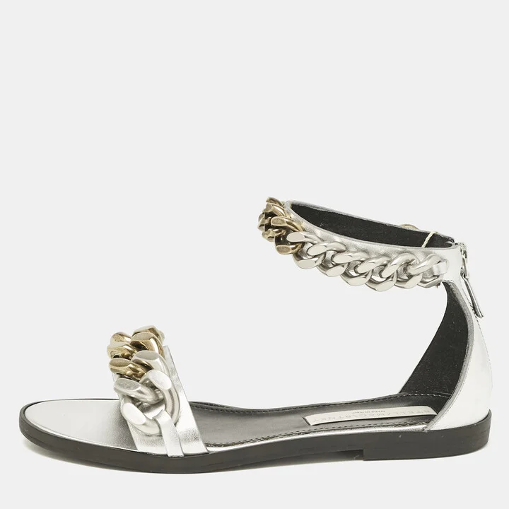 Stella McCartney Silver Faux Leather Falabella Flat Sandals Size 38