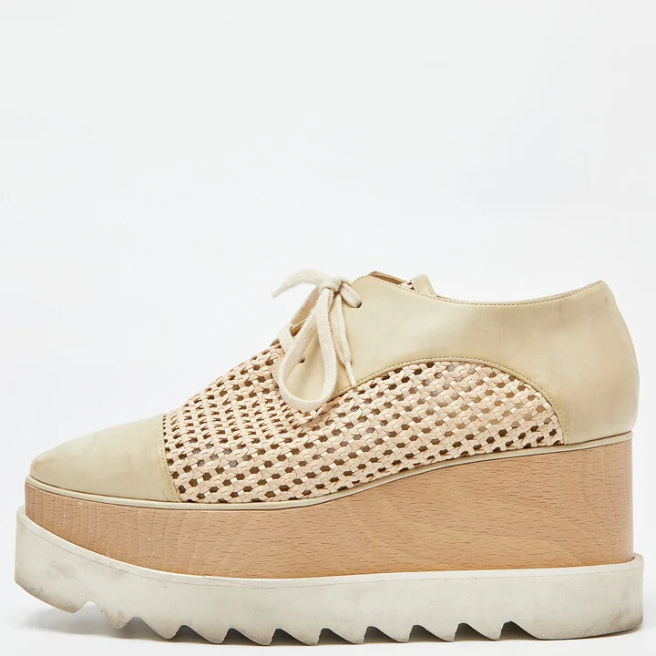 Stella McCartney Two Tone Beige Woven Faux Leather Elyse Platform Derby Sneakers Size 38