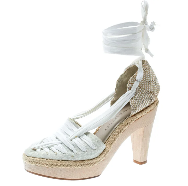 Stella McCartney White Canvas Espadrille Trim Tie Up Block Heel Sandals Size 38