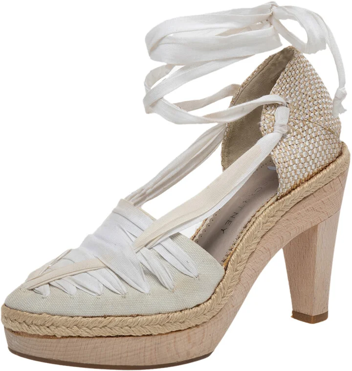 Stella McCartney White Fabric And Canvas Platform Ankle Wrap Pumps Size 37.5