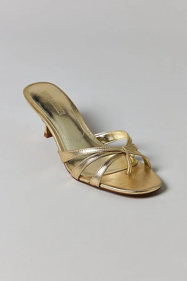 Steve Madden Cary Open Toe Heeled Sandal in Gold Leather - Image 3