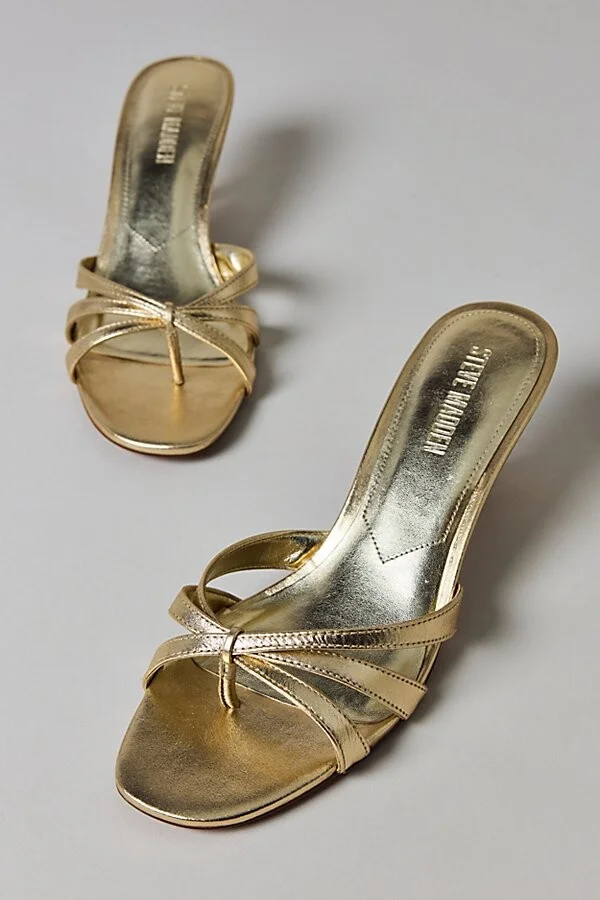 Steve Madden Cary Open Toe Heeled Sandal in Gold Leather