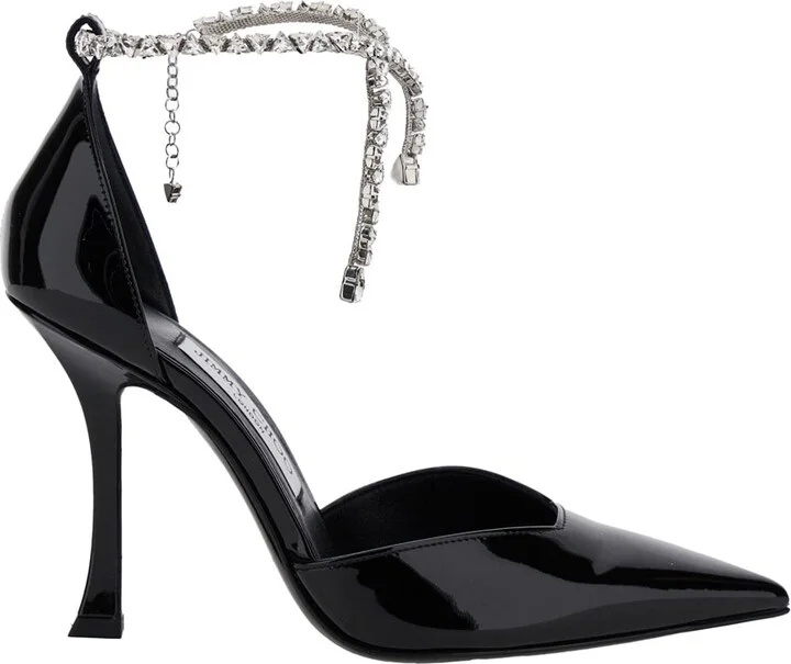 'stevie' Black Pumps With Crystal Embellished Strap And High Sculpted Heel In Leather And Crystals Woman