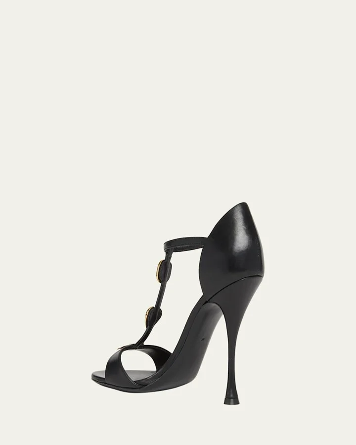 Stone Embellished Leather T-Strap Sandals - Image 2